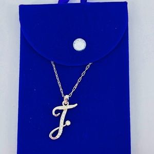 Pendant Necklace Monogram Cursive "F" Cubic Zirconia 18" Silver Tone Chain